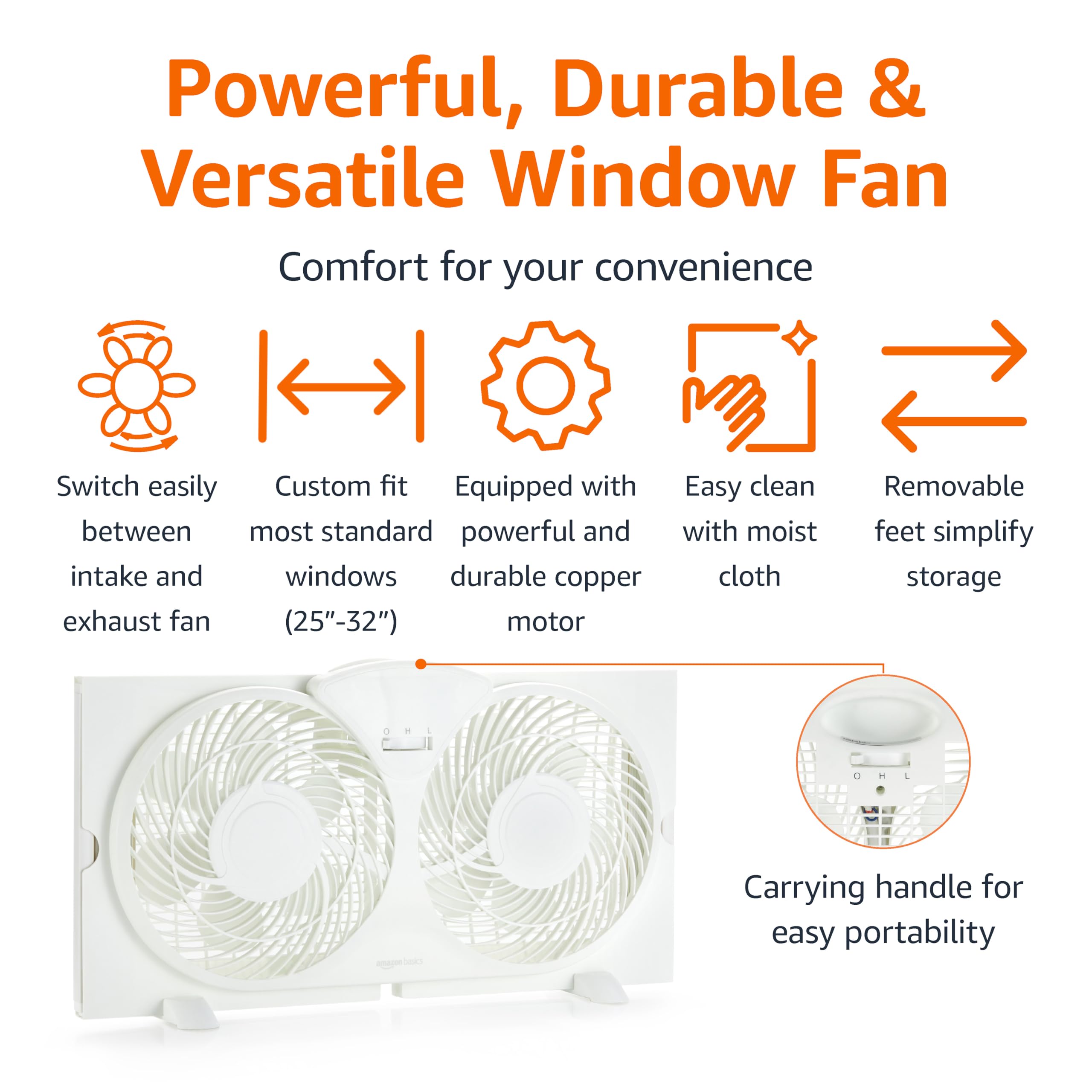 Amazon Basics Window Fans for Home Bedroom, Twin Heads, Cooling Airflow, Exhaust, Expandable Side Panel Basic Control, 2 Speeds, 68W, 9 inch, White