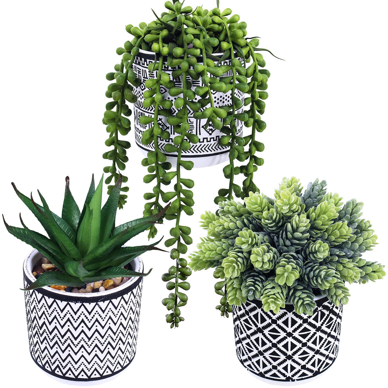 Photo 1 of Winlyn 3 Pcs Small Potted Succulents Plants Artificial String of Pearls Aloe Hops Succulents in Black Geometric Concrete Pots for Gifts Modern Home Bathroom Window Table Indoor Outdoor Greenery Décor
