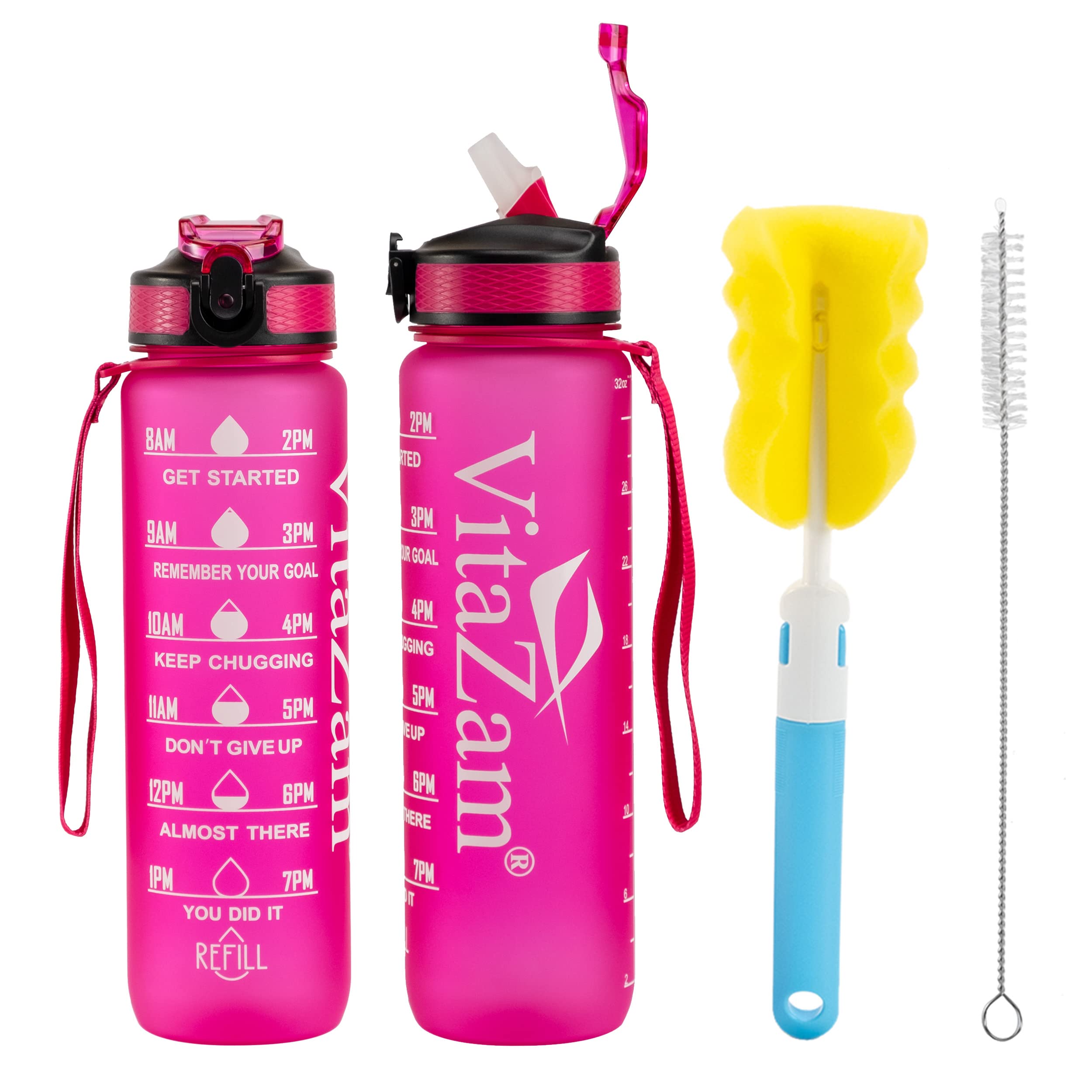 VitaZam New 1 Litre Water Bottle, Motivational Water Bottle with Time Markings, BPA Free, Leak Proof Lock Cover and Bottle Brush, Bottle for Gym, School/Office, Sports and Outdoor (with straw, Pink)