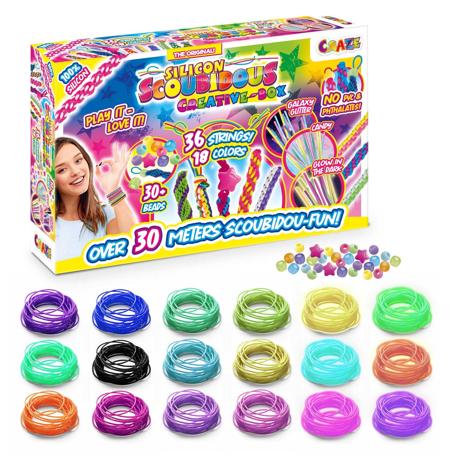CRAZE SCOUBIDOU Bänder Kreativ Box – 36 Silikon Skubidubänder inkl. 30+ Anhängsel & Perlen – Scoubidou Bänder Glitzer, Neon & Candy – Kinder Bastelset, Creative Box, 36 Farben