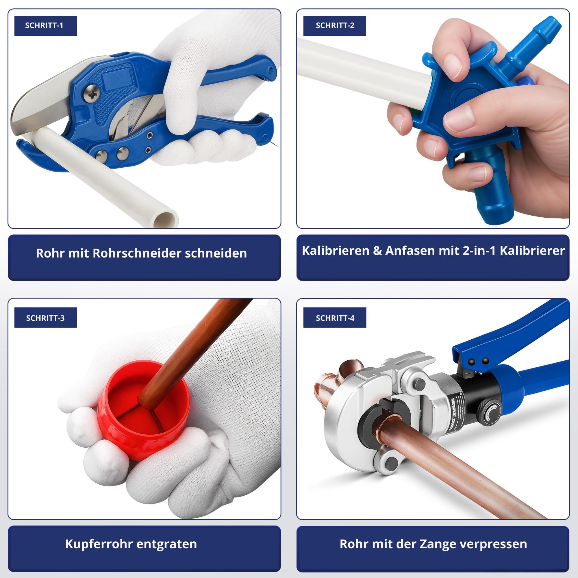 Multischicht & Kupfer Presszange TH‑V mit 10 Backen – Komplettset mit Rohrschneider, Kalibrierer und Entgrater – Kompatibel mit PER 2
