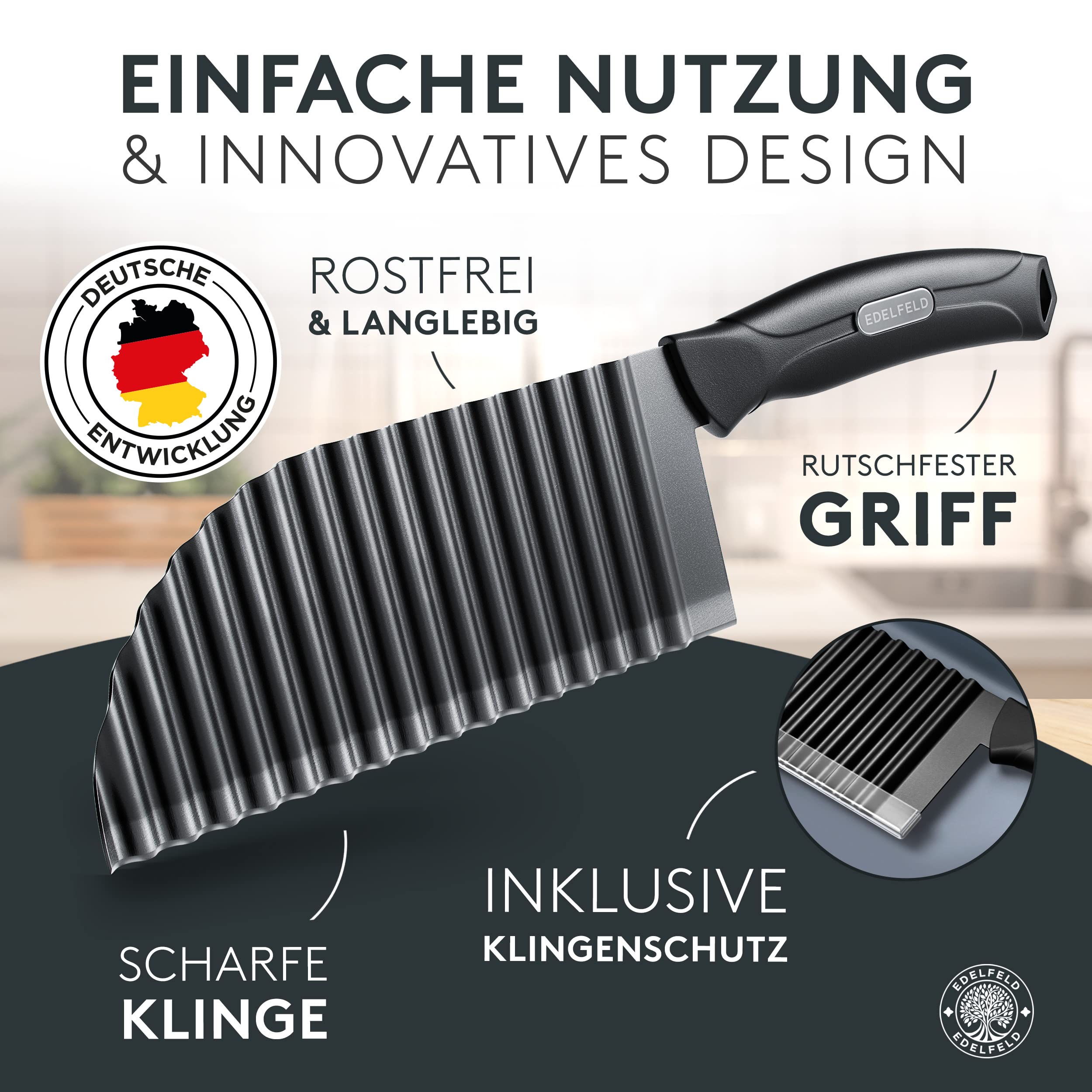 EDELFELD Wellenschneider für Pommes, Obst & Gemüse [TESTSIEGER] - Spülmaschinengeeignetes Wellenmesser mit Titanklinge - Riffelmesser für Erwachsene & Kinder - BLW Wellenschnittmesser aus Edelstahl 2