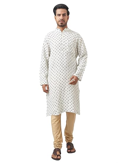Handwoven Linen Kurta with Floral Print Dots - White