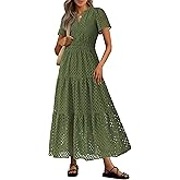PRETTYGARDEN Womens 2026 Summer Maxi Dress Short Sleeve V Neck Hollow Out Eyelet A Line Long Flowy Beach Vacation Dresses