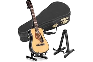 BEUFEE Wooden Miniature Guitar, Miniature Guitar Decoration with Stand and Case Mini Musical Instrument Model Ornaments for Bedroom Home