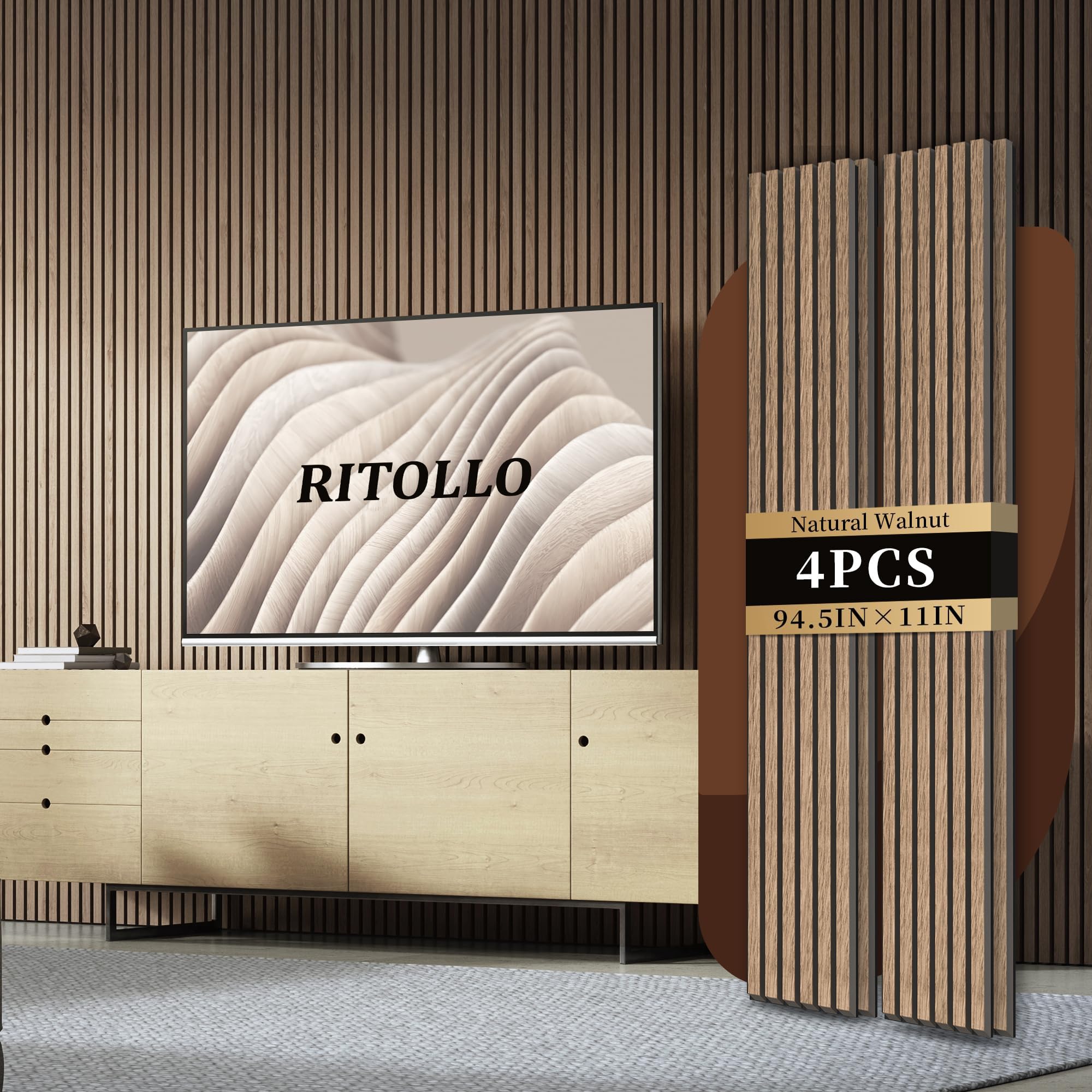 Photo 1 of RITOLLO 4-Piece Wood Slat Panels for Wall 94.5"×11" Acoustic Panels for Interior Wall Decor 3D Fluted Sound Absorbing Panel - Natural Walnut