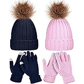 4 Pcs Winter Beanie Hat Gloves Set Pom Knit Unisex Warm Fleece Lined Hat Touchscreen Gloves for Women Men Couples Friends