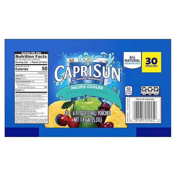 CAPRI SUN PACIFIC COOLER MIXED FRUIT FLAVORED JUICE DRINK BLEND, 30 CT BOX, 6 FL OZ POUCHES