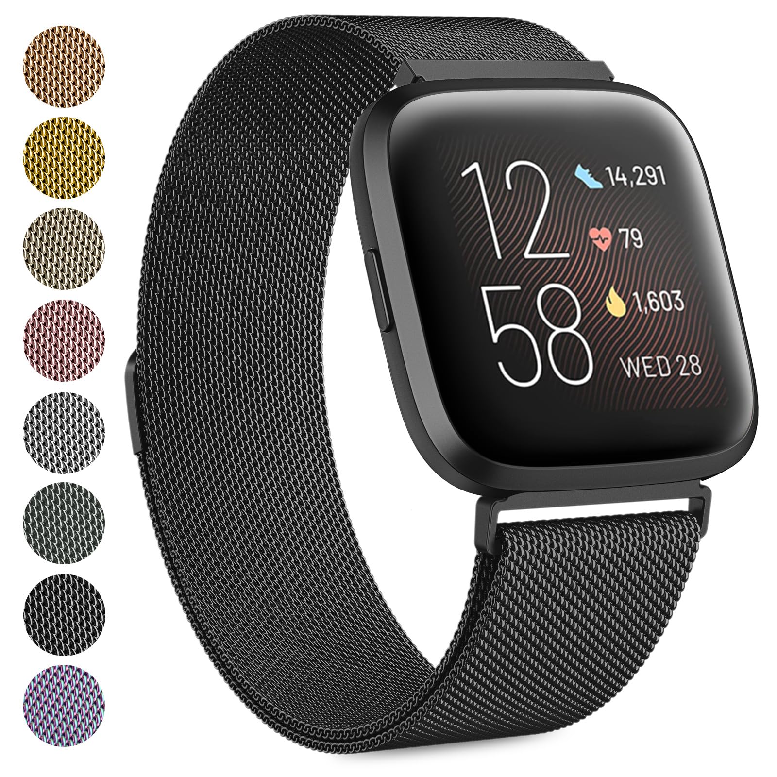 Compatible with Fitbit Versa/Versa 2 Strap for Women Men, Breathable Stainless Steel Mesh Loop Adjustable Wristband Replacement Metal (Black, Large) — image 1