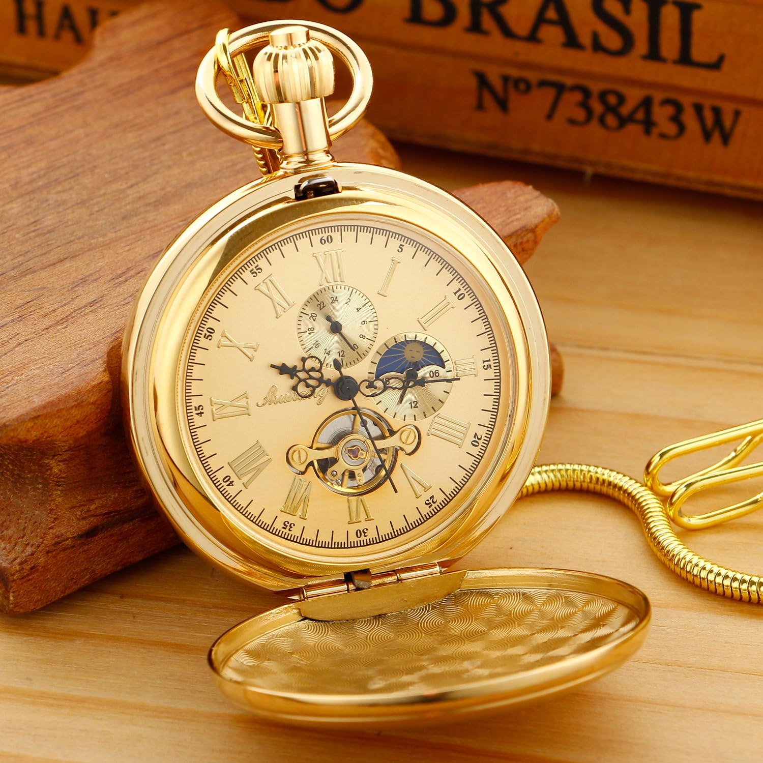 Whodoit Elegant Men's Mechanical Pocket Watch with Chain and Box