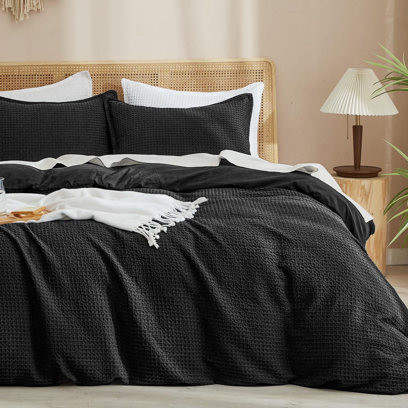 Photo 1 of PHF Waffle Weave Duvet Cover Set Queen Size, No Snagging Ultra Soft Luxury Textured Breathable Comforter Cover for All Season 3pcs, Durable Bedding Duvet Set with 2 Pillow Shams, 90"x90", Black