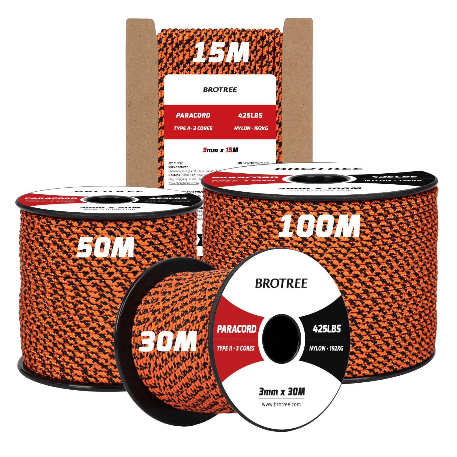 Brotree 3mm Paracord 425 100% Nylon 30M Rope 3 Strands Type II Parachute Cord for Outdoor, Craft, DIY - 192kg Breaking Load (Black Widow)