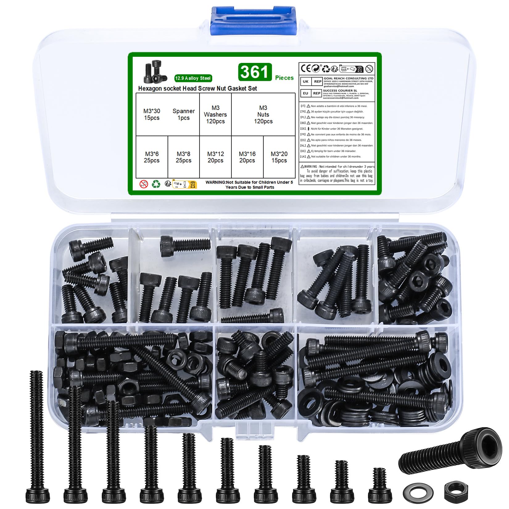 361 Pcs Hexagon Socket Head Cap Screws, M3 Nuts and Bolts Set, Black Hex Socket Cap Head screws, Machine Screw Bolts and Nuts and Flat Washers Assortment Kit, for Bicycle Motorcycle Repair — image 1