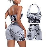 OLCHEE Workout Sets for Women 2 Piece Backless Halter Sports Bra High Waist Booty Shorts Yoga Gym Outfits Lounge Activewear