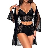 RSLOVE Women Sexy Lingerie Set - 3 Piece Lace Bra and Panty Sets with Mesh Kimono Robe Nightgown Sleepwear