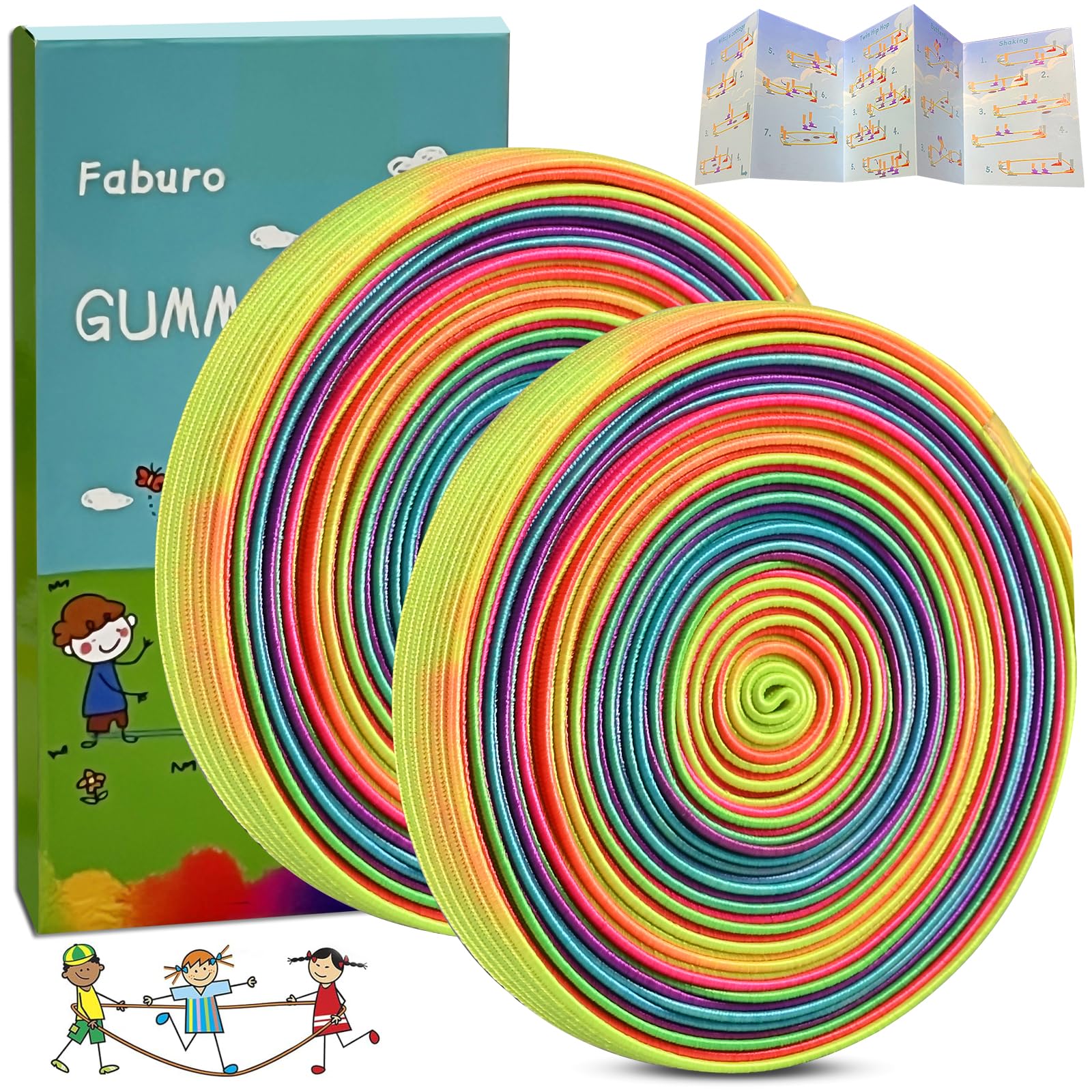 Faburo Pack of 2 Rubber Wist Children with Instructions for Bouncy Games, Bouncy Rubber 4 m Long 1 cm Wide Rubber Twist, Indoor and Outdoor Toy, Rainbow Band,Gift for Girls and Boys