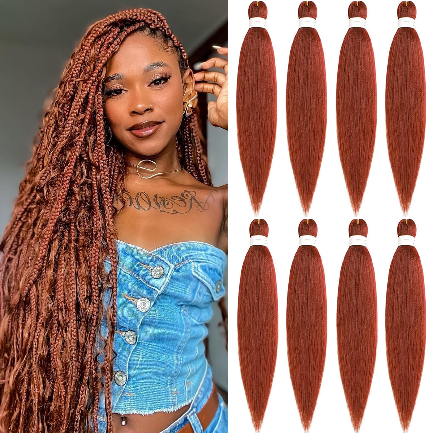 Mscat 30 Inch 8 Packs Pre Stretched Braiding Hair Copper Red Pre Stretched Braiding Professional Synthetic Prestretched Crochet Braids Hair Extension Hot Water Setting Yaki Texture (350#)