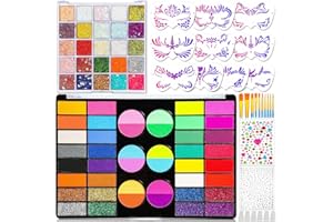 THRILEZ Professional 69 Colors Face Painting Kit for Kids – Washable Skin Watercolor Non-Toxic Body Paint Face Glitter Makeup Palette with Stencils, Gems, Brushes– for Kids Party Cosplay Halloween FX
