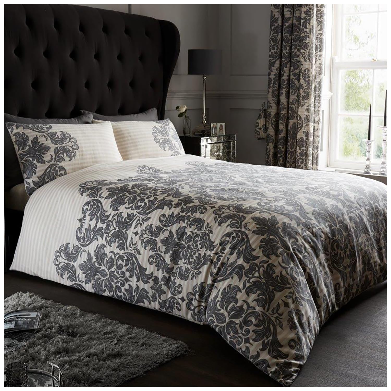 GC GAVENO CAVAILIA Printed Duvet Cover Sets, Reversible Bedding Bed Set, Polycotton Quilt Covers, Empire Damask Cream, Double