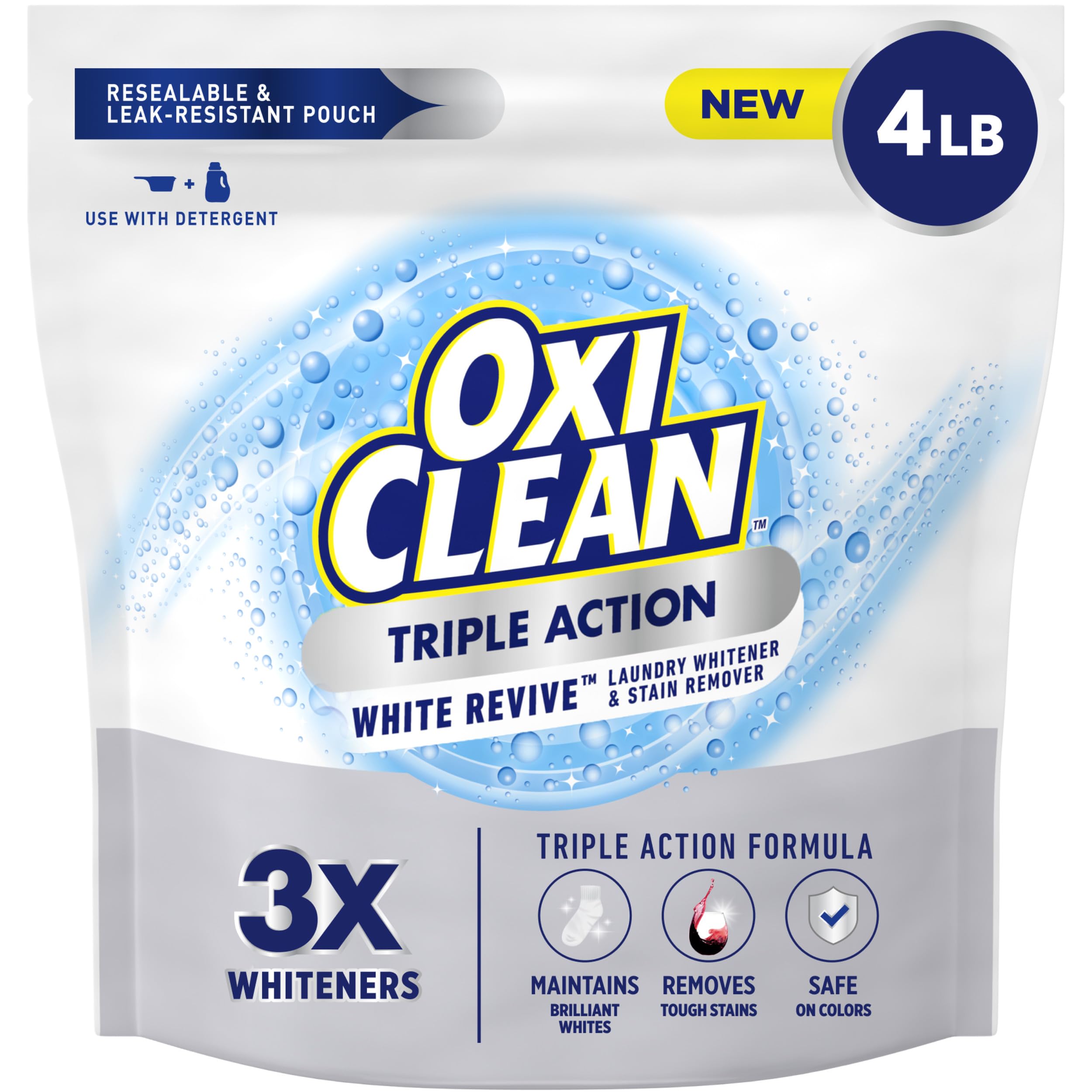 Photo 1 of OxiClean Triple Action White Revive Laundry Whitener and Stain Remover Powder, Use with Detergent, Whitens and Brightens Clothes, Removes Tough Stains, Color Safe, Chlorine Free, 4 lbs