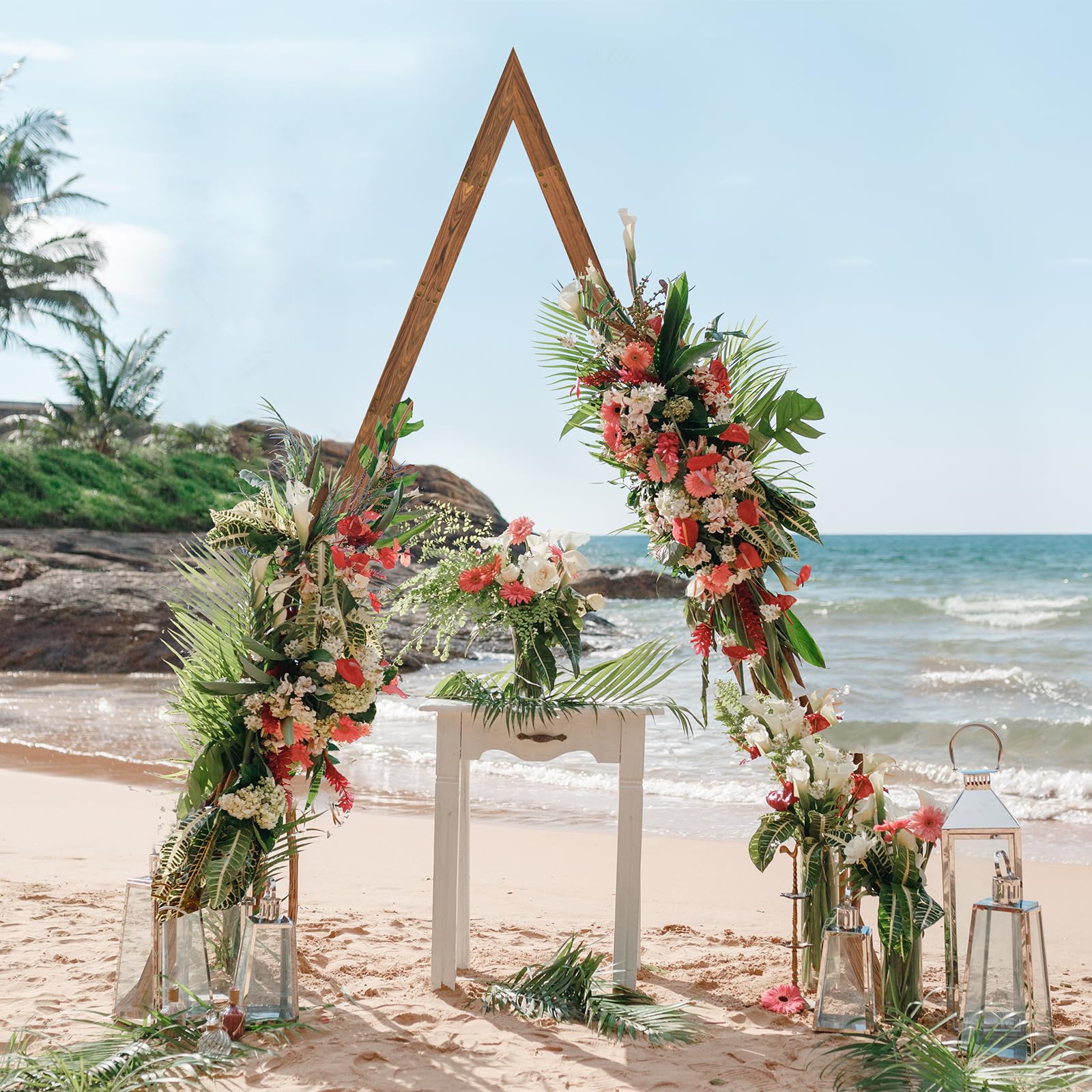 Photo 1 of 8.2FT Wooden Triangular Wedding Arch Backdrop Stand - Rustic Boho Garden Ceremony Decor with Sturdy Structure, DIY Decoration for Outdoor & Indoor Events