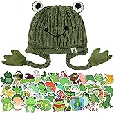Sureio Cute Frog Hat Knitted Winter Ear Protective Beanie Hats Green Crochet Cartoon Frog Big Eyes Earflap Cap with 50 Stickers for Outdoors Women