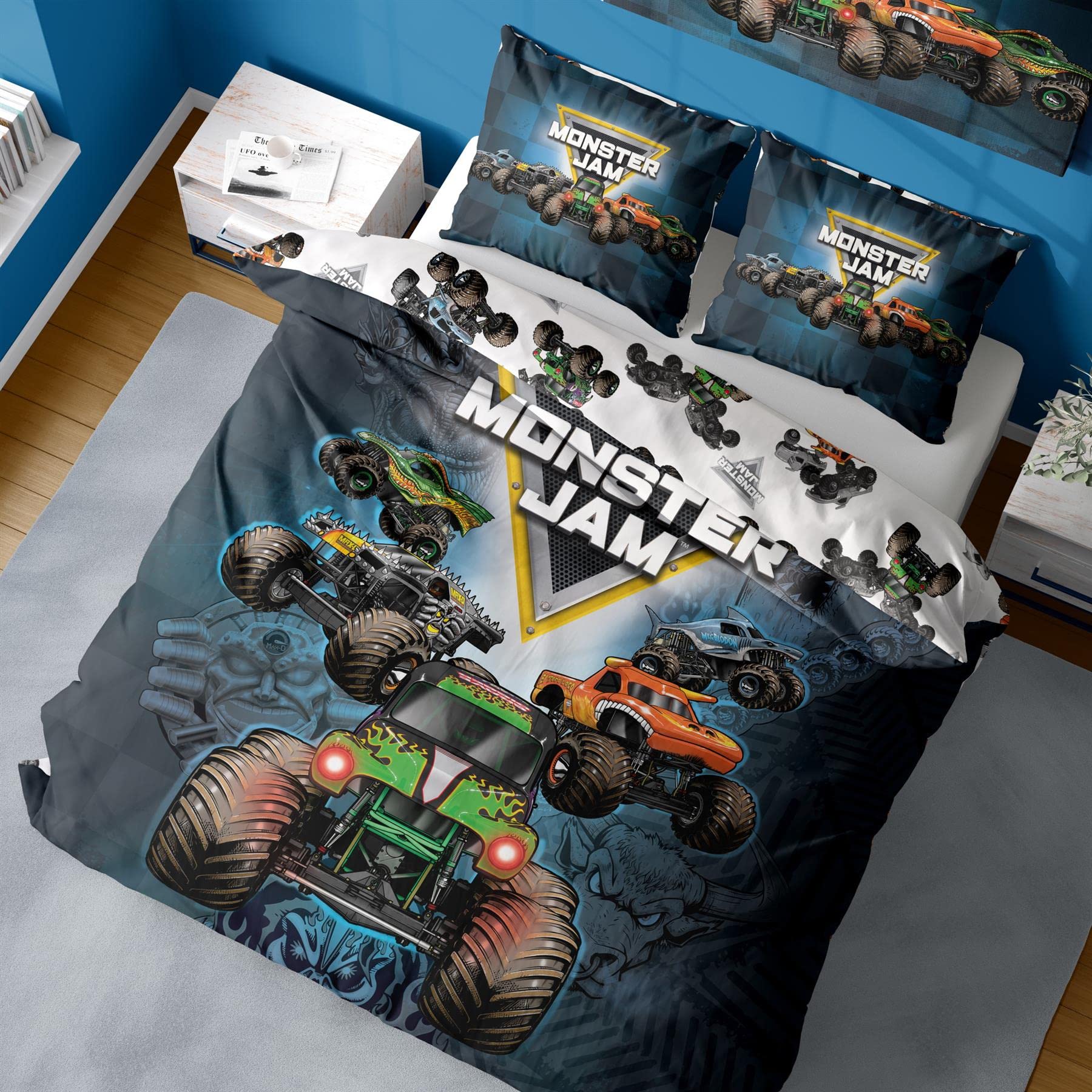 Monster Jam Double Duvet Cover - Grave Digger, Max-D, Megalodon, Dragon & El Toro Loco Design - Officially Licensed Reversible Bedding set with matching Pillowcase - Polycotton