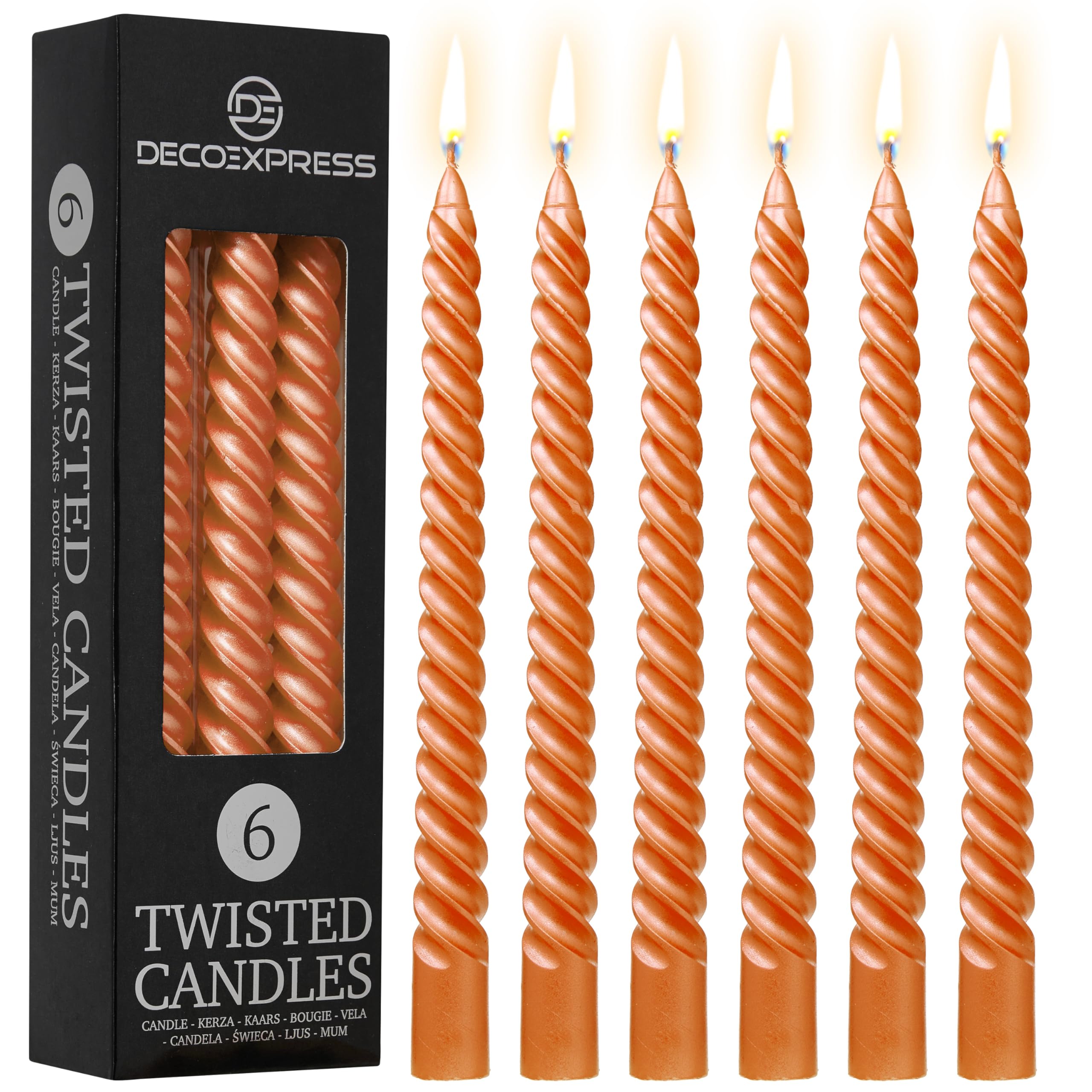 DECO EXPRESS Candles, Pack of 6 Dinner Candles, Non Drip Twisted & Non Scented, Long 6 Hours Burning Time, Cosy Home Decor, Valentine’s Day & Mother’s Day Gifts (Metallic Orange, Pack of 6)