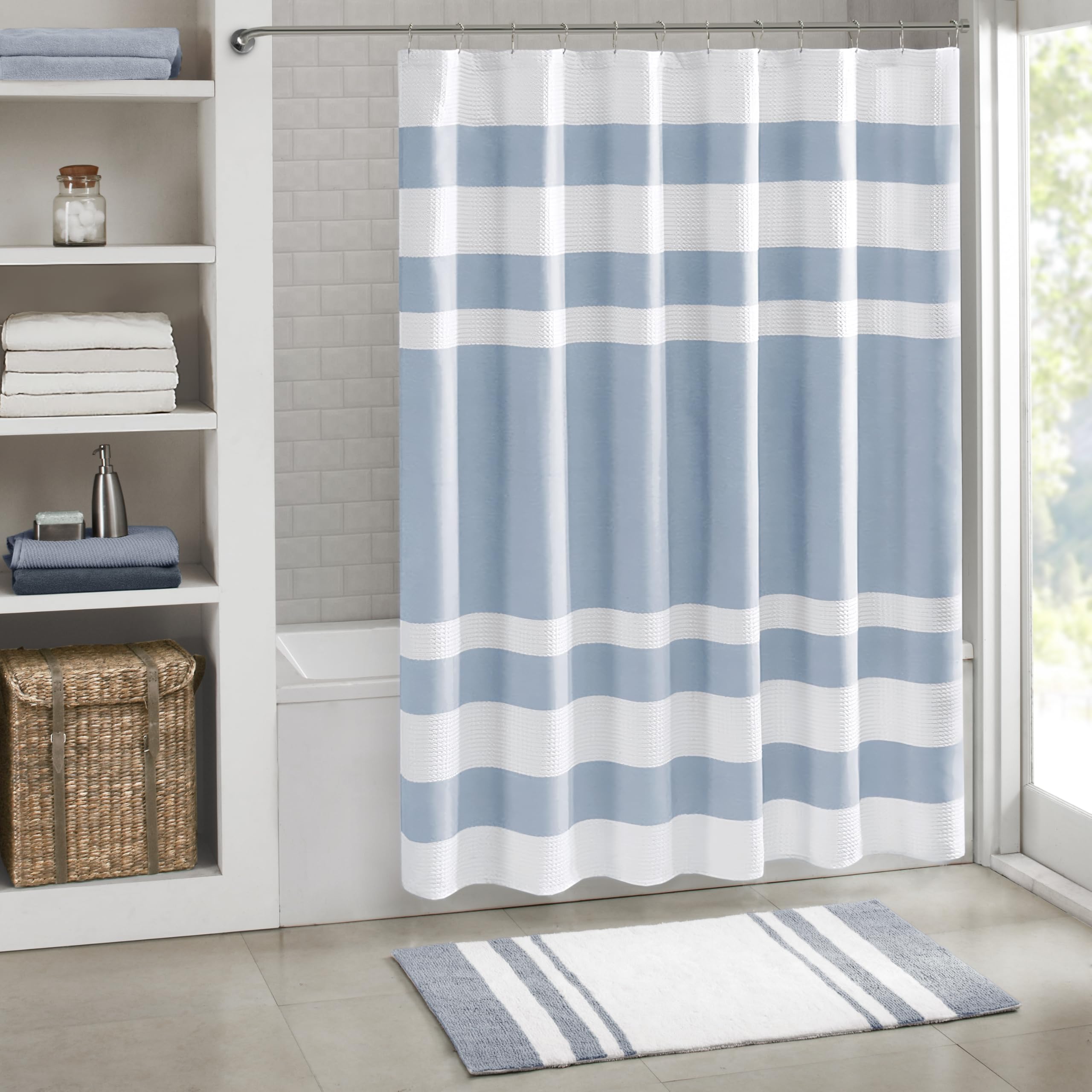 Madison Park Shower Curtain, Waffle Weave, Pieced Design Fabric Shower Curtain with 3M Scotchgard Moisture Management, Premium Spa Quality Modern Shower Curtains for Bathroom, Standard 72"x72" Blue
