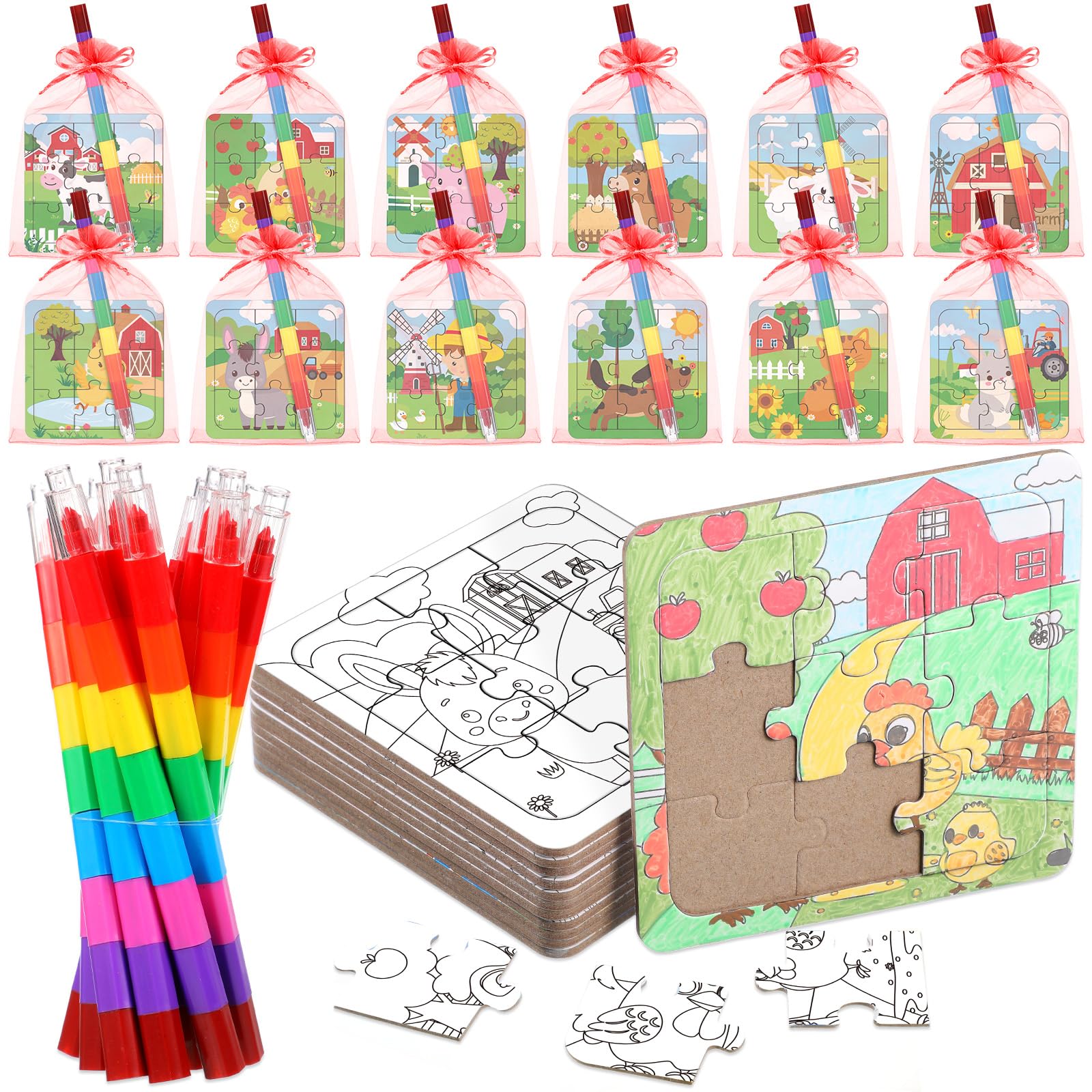Photo 1 of Fullhawl 12 Sets Farm Animal Puzzles Barnyard Color Your Own Puzzles DIY Barn Theme Jigsaw Crafts with 12 Stackable Crayons 12 Bags for Farmhouse Animal Gifts Birthday Party Supplies Favors