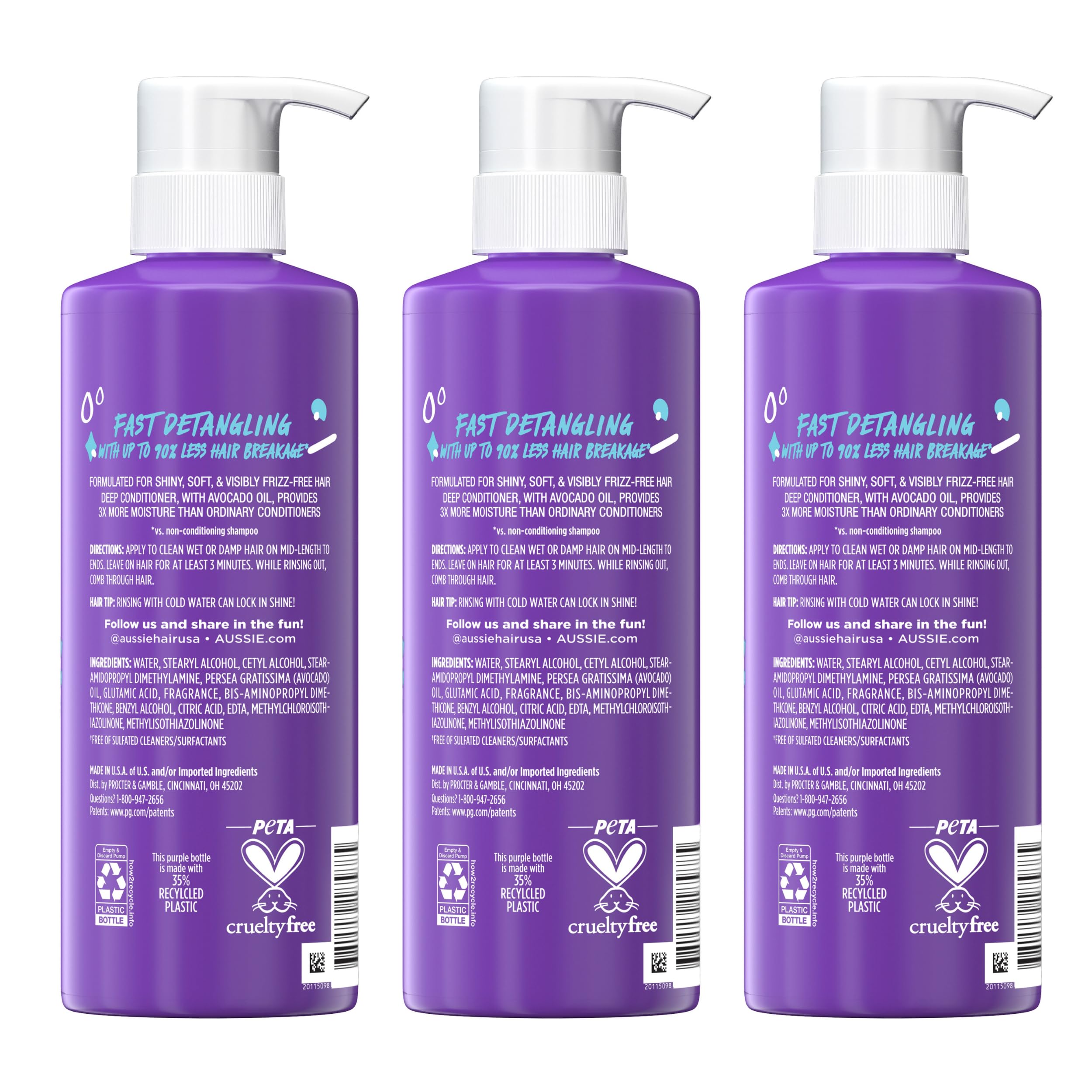 Aussie 3 Minute Miracle Moist Deep Conditioner for Dry Hair, Avocado & Jojoba Oil, Safe for Color Treated Hair, Nourishing Hydration, Silky Shine, Paraben-Free, 16 Fl Oz Each, Triple Pack