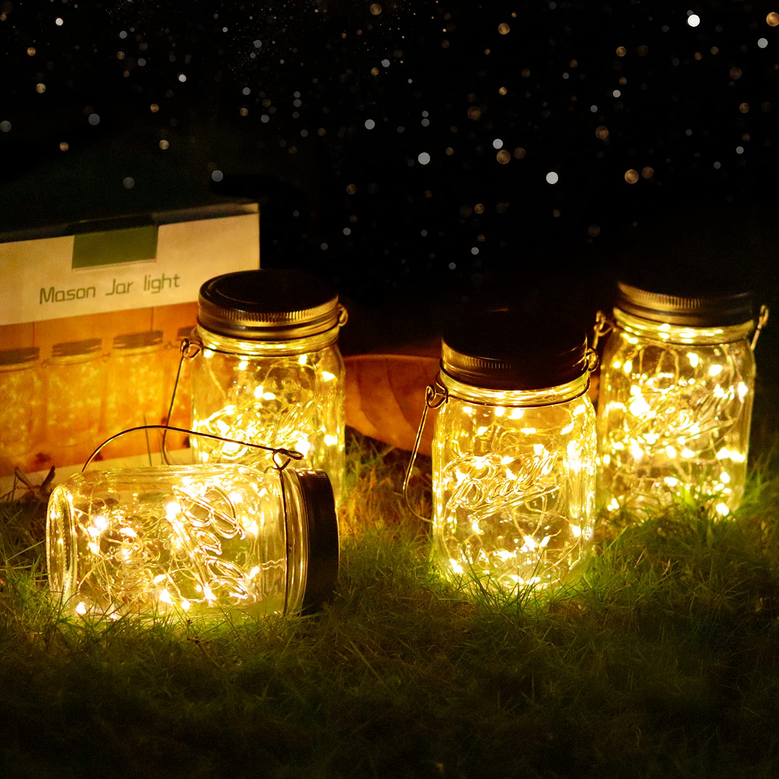 Solar Mason Jar Lights - 4 Pack 30LED Hanging Lanterns with IP65 Waterproof Design for Indoor/Outdoor Garden, Patio, Wedding, Yard, Lawn Party Decor (Warm White)
