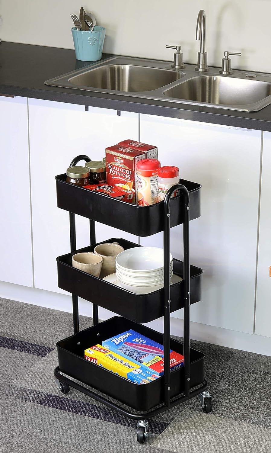 SimpleHouseware Heavy Duty 3-Tier Metal Utility Rolling Cart, Black : Office Products