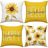 Joymaison Hello Sunshine Sunflower Throw Pillow Covers 18x18 Inch Set of 4 Spring Summer Yellow Flower Cushion Pillow Case Home Decor for Sofa Bedroom