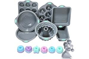 To encounter 31 Pieces Silicone Baking Pans Set, Nonstick Bakeware Sets, Non-Stick Silicone Molds, with Metal Reinforced Frame More Strength, Light Grey