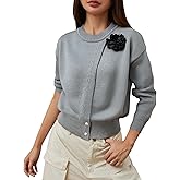 winkbay Women's 3D Floral Wrap Sweater Crew Neck Long Sleeve Knit Pullover Tops