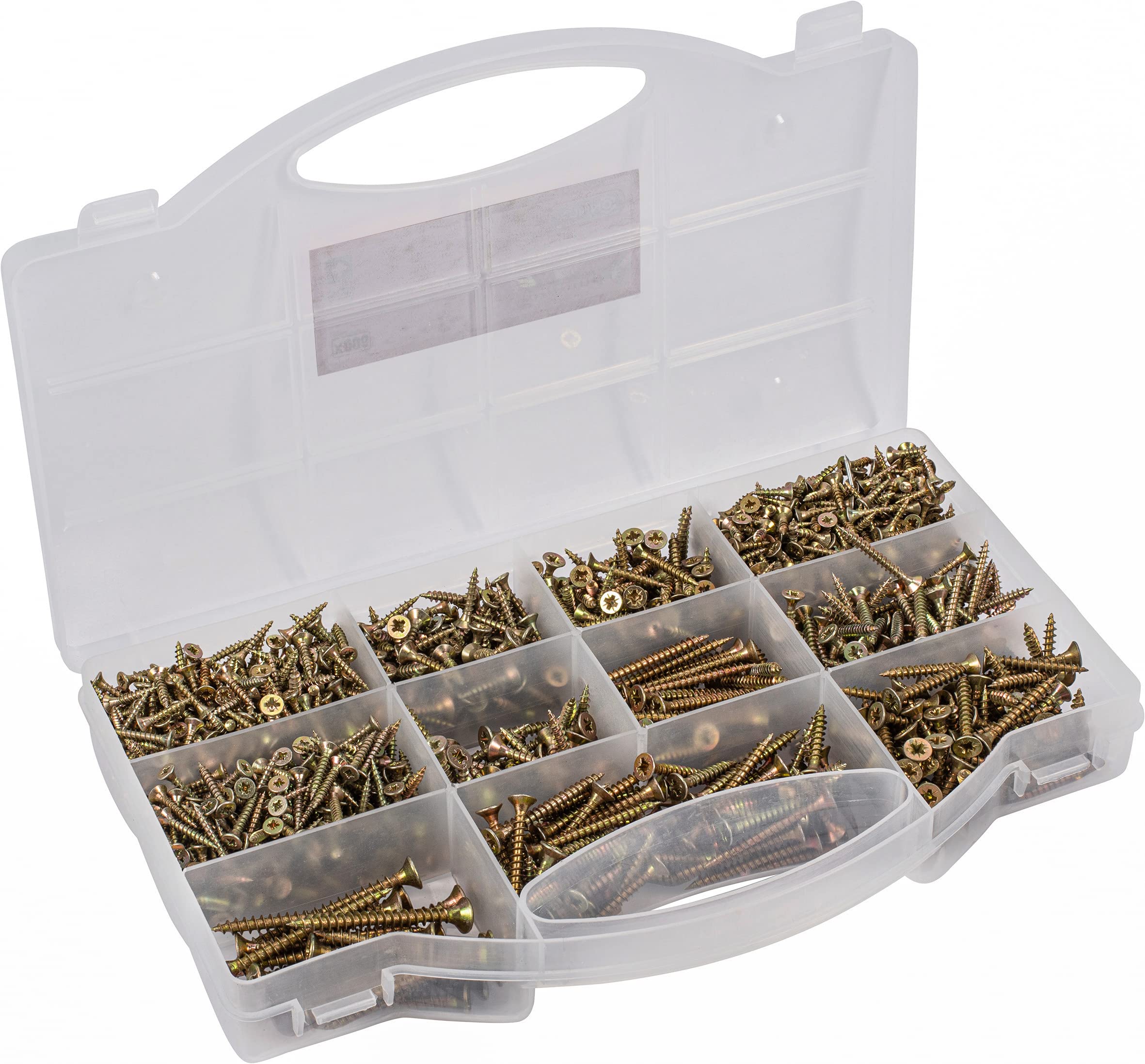 Connex DP8500131 Universal Screw Assortment 900 Pieces Various Sizes Countersunk Head PZ Pozidriv Drive Full Thread Yellow Galvanised Screw Set Assortment Box