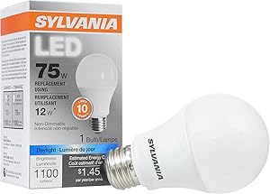SYLVANIA, 75W Equivalent, LED Light Bulb, A19 Lamp, 1 Pack, Daylight, Energy Saving & Long Life, Medium Base, Efficient 12W, 5000K