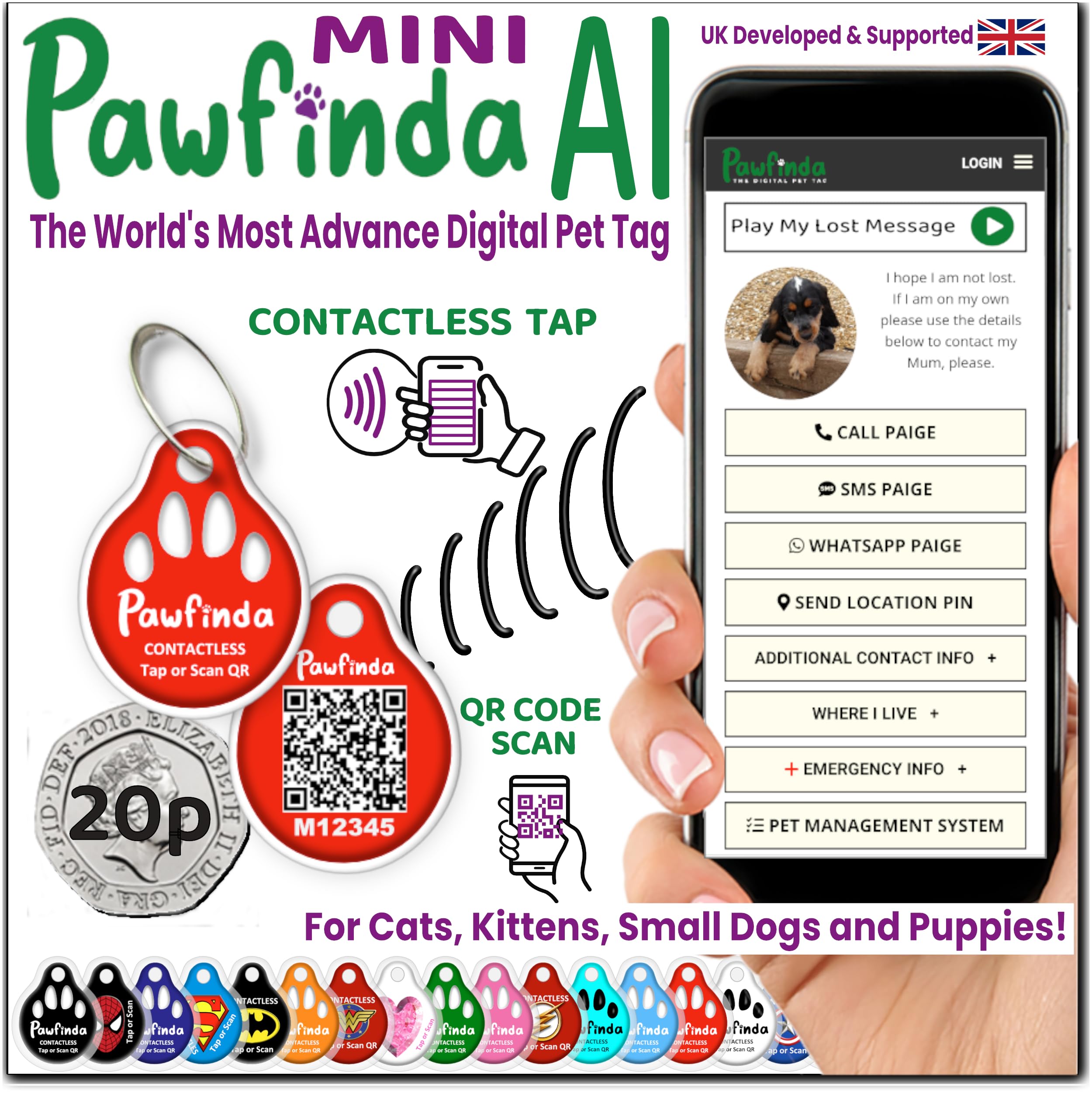 PAWFINDA AI – Next Generation AI Digital Pet Tag. Personalised Cat Dog Pet Engraved ID Tag with CONTACTLESS NFC, QR Code Technology and PawVoice AI. Developed & Fully Supported in the UK