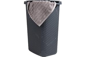 Mind Reader 60L Slim Laundry Hamper, Clothes Basket, Lid, Wicker Design, Plastic, 17.65"L x 13.75"W x 24.15"H, Gray