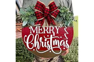 BKHEY Chrismas Welcome Wreath Sign Decorations, Merry Christmas Hanging Sign for Front Door, Christmas Wooden Door Wreath with Bow for Holiday Rustic Farmhouse Outdoor Wall Window Decor (Merry Christmas)