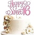 1 PCS Happy Sweet 16 Cake Topper Glitter Hello 16 Cheers to 16 Years Cake Pick Happy 16th Birthday Cake Decoration for Happy 16th Anniversary Birthday Party Decorations Supplies Pink