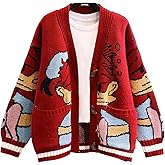 Lazutom Womens Fall Cute Embroidery Cartoon Duck Cable Knit Cardigans Sweater Button Down Slouchy Wool Blend Coat