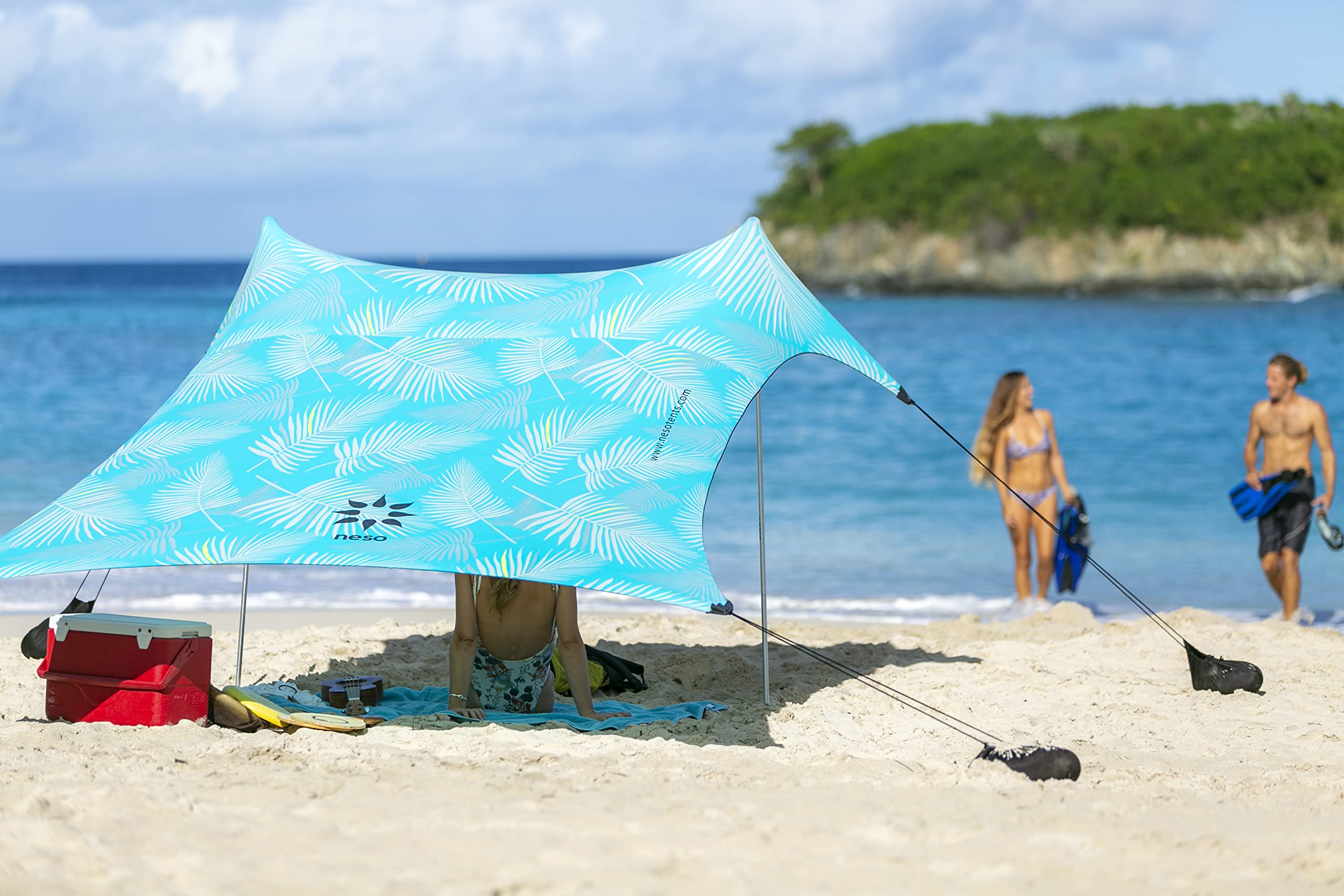 Neso Portable Beach Tent Sun Shelter with Sand Anchor - Lightweight Beach Shade Canopy - Easy Setup for Family Outings - Patented Reinforced Corners - UPF 50+ Sun Protection - 7 x 7ft - Aqua Fronds