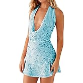 JEIBKOUY Women's Sparkly Sequin Mini Dress Sexy Cowl Neck Sleeveless Split Side Tie Backless Bodycon Party Club Short Dress