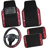 CAR PASS Bling Diamond Leather Steering Wheel Cover 14.5in-15in Floor Mats Shining Rhinestone Carpet Sparkly Glitter Crystal Anti-Slip Pad Fit Automotive SUV Pickup Truck Girl Women, 5pcs Black Red