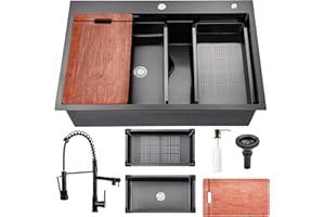 WUPSTE Gunmetal Black Kitchen Sink 33 x 22 Drop In Kitchen Sinks with Faucet Modern Workstation Large Stainless Steel Sink 33 Inch Single Bowl Top Mount Black Sink Kitchen