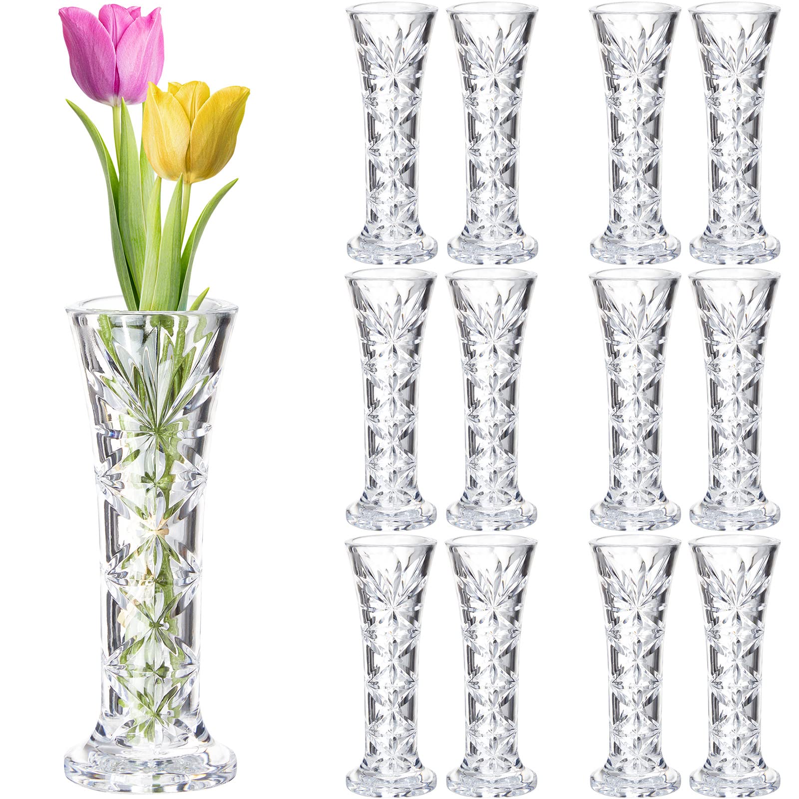 Photo 1 of Mumufy 12 Pcs Acrylic Glass Bud Vases for Centerpiece Christmas Clear Plastic Bud Vase Crystal Acrylic Vase Small Break Resistant Flower Vase for Rose Home Decoration(Elegant,2.56 x 6.69 Inch)