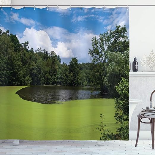 Amazon Com Ambesonne Landscape Shower Curtain Pond Full Of Alga In North European Countryside Odd Nature Themes Cloth Fabric Bathroom Decor Set With Hooks 75 Long Green Blue White Home Kitchen