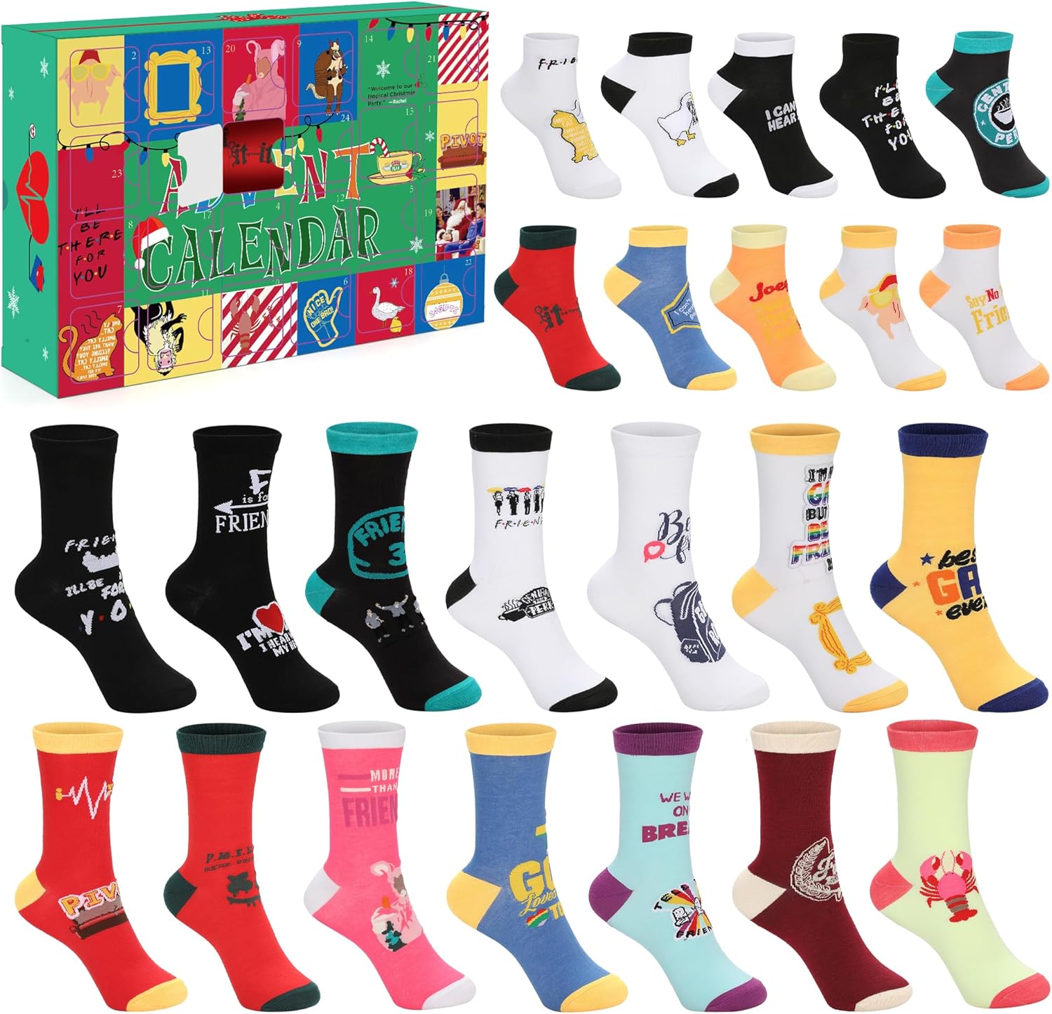 Advent Calendars - Friends TV Show Christmas Advent Calendar 2023, 24 Day Countdown Calendar Includes 24 Kinds of Friends Themed Socks for Women Men Fans Xmas Holiday Party Favor Gifts